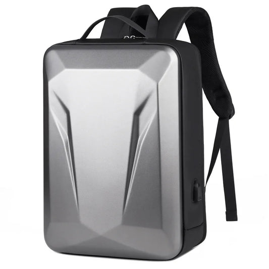 A modern gray and black laptop backpack with a geometric, angular front panel, shown on a plain white background.