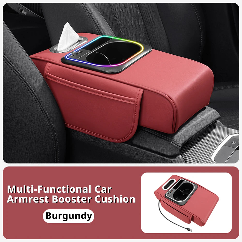 Multifunction Car Armrest Cushion with Center Console Organizer and LED Accent Light