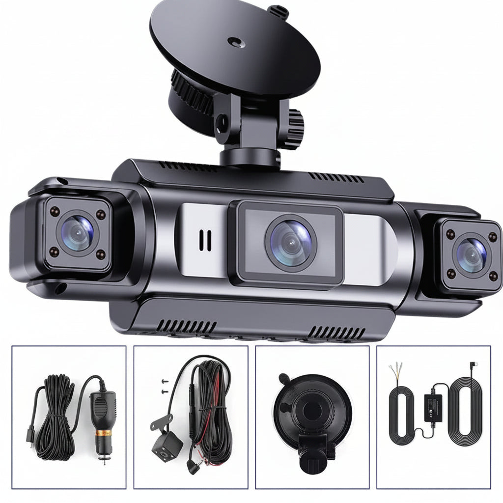 Car dashboard camera with multiple lenses and accessories on a white background