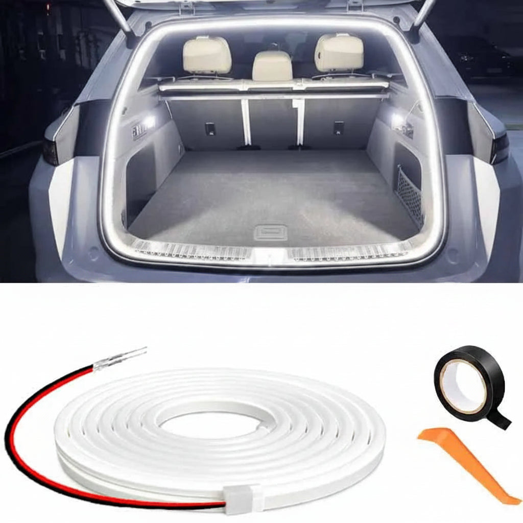 Car trunk with LED light strip and accessories on a white background
