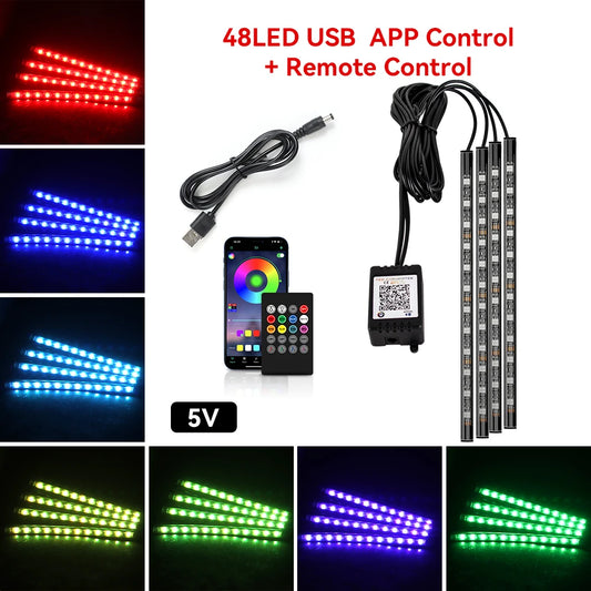 LED strip lights with USB cable, remote control, and smartphone app for color change on a white background.