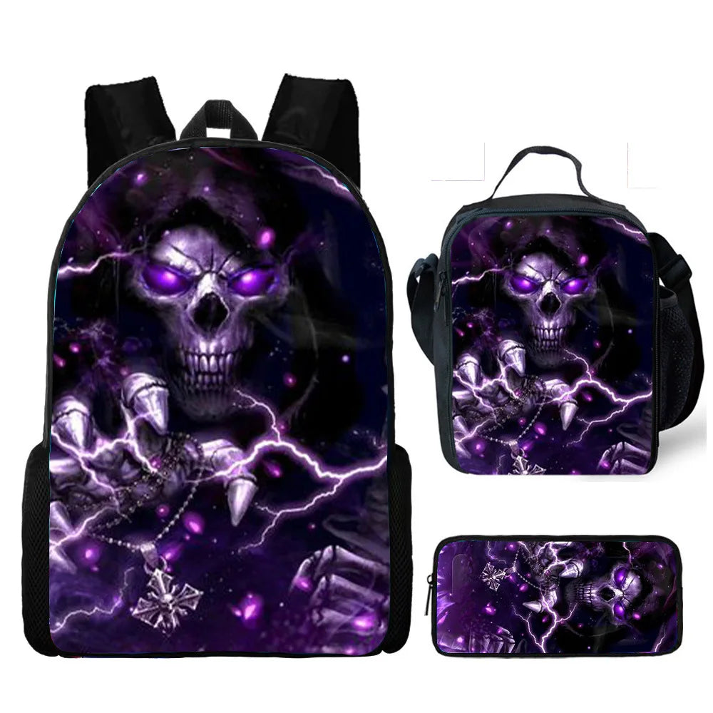 Skull Print School Backpack 3-Piece Set – Backpack, Lunch Bag & Pencil Case, Nylon, Unisex