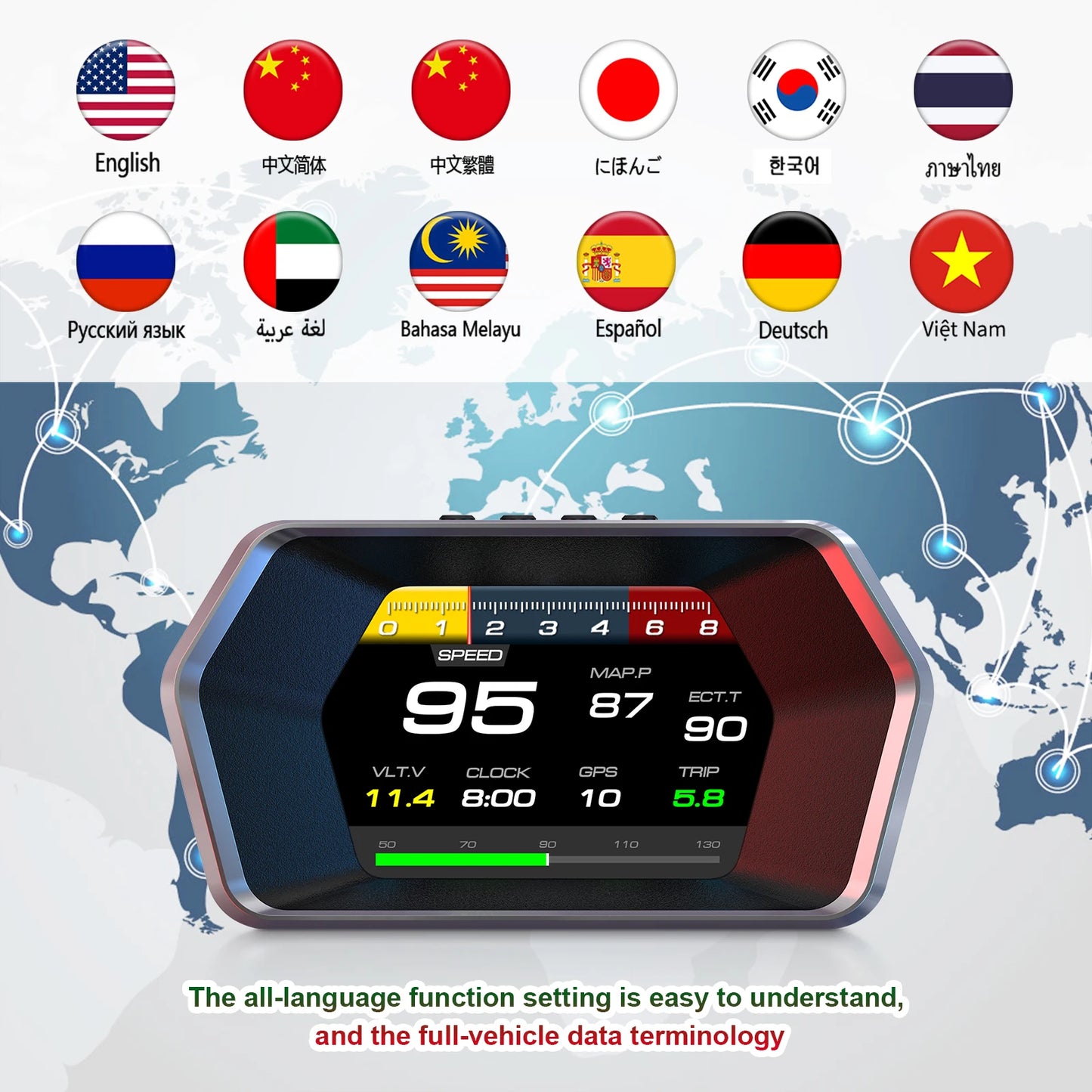 OBD2 GPS Head Up Display P17 Digital Speedometer with Windshield Projector Overspeed Warning and On Board Computer