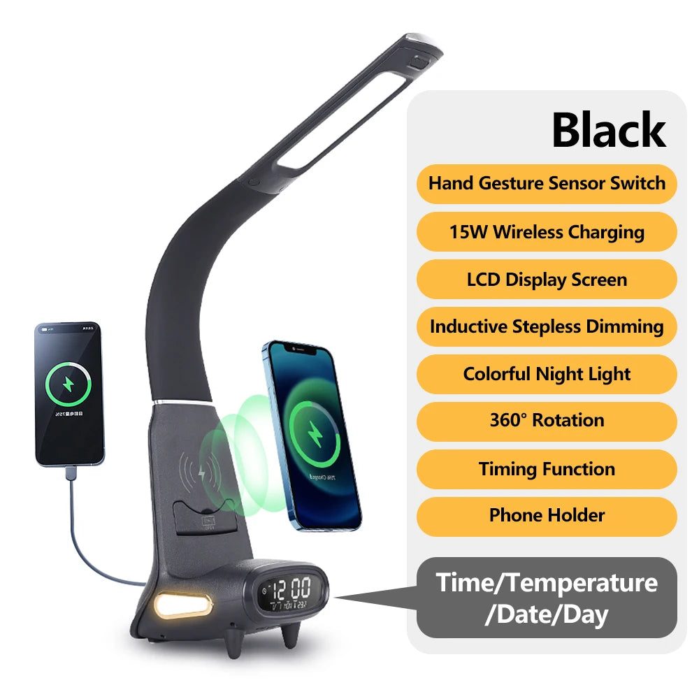 Multifunctional LED Desk Lamp with 15W Wireless Charging Digital Display Dimmable Touch Sensor Reading Light