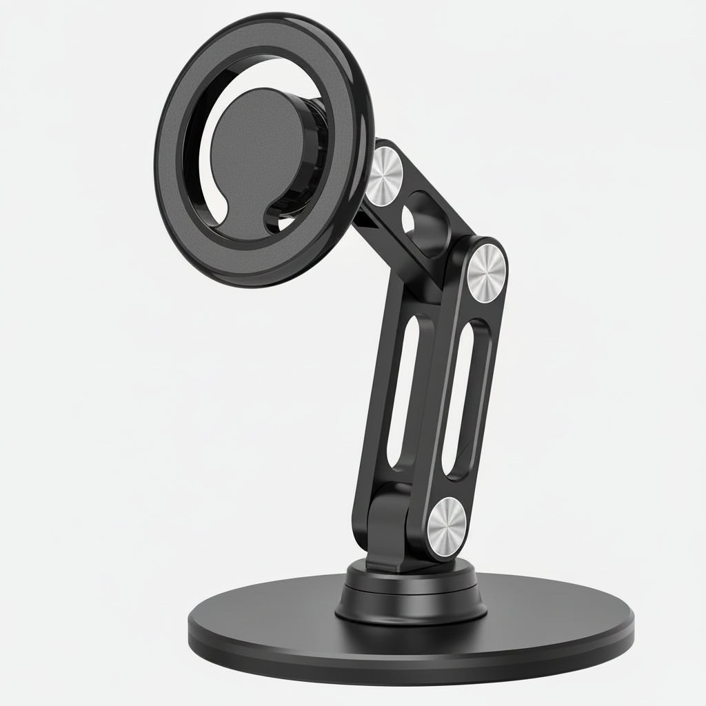 Black phone holder with adjustable arm on a white background