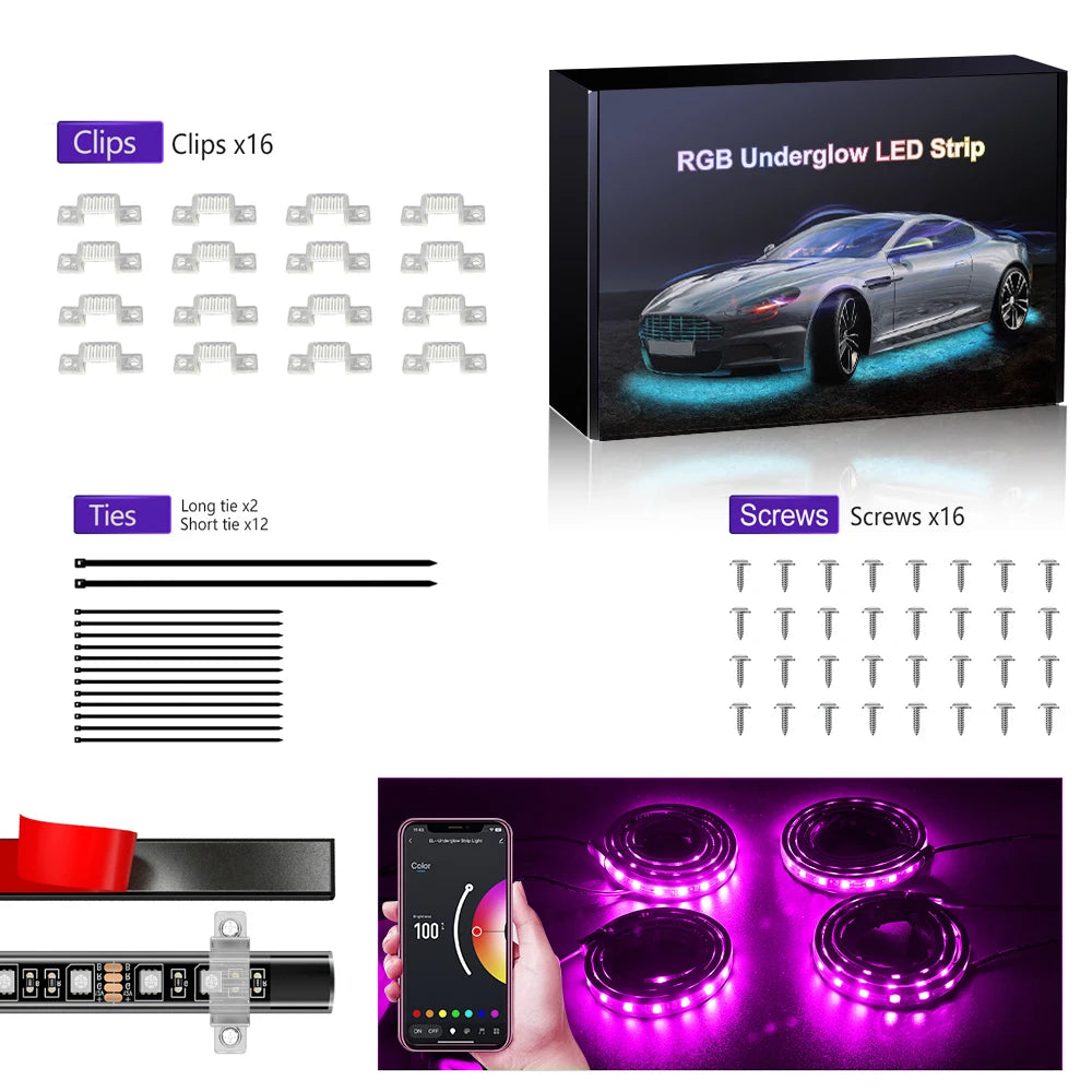 RGB Car Underglow LED Strip Lights Waterproof App Controlled Exterior Lighting Kit DC12V