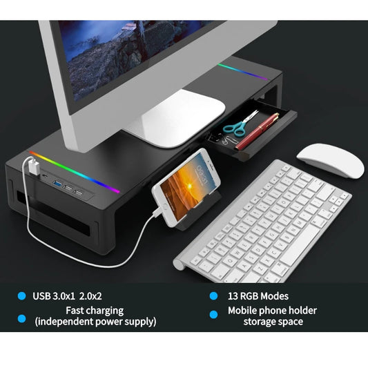 RGB Monitor Stand Riser with USB Hub, Fast Charging, Drawer & Phone Holder – Height Adjustable