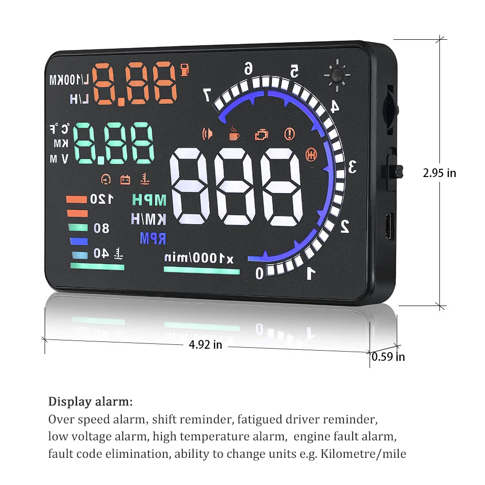 A8 OBD2 Head Up Display 5.5 Inch HUD Speedometer with RPM Water Temperature Voltage and Speed Alerts
