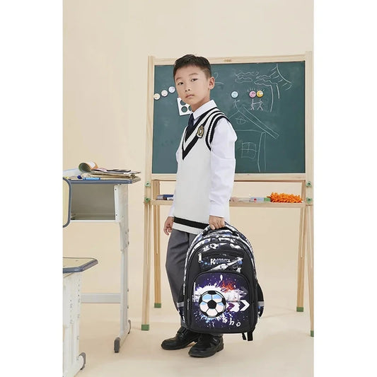 Football Print School Backpack – Nylon Travel & School Bag for Boys, Blue & Black
