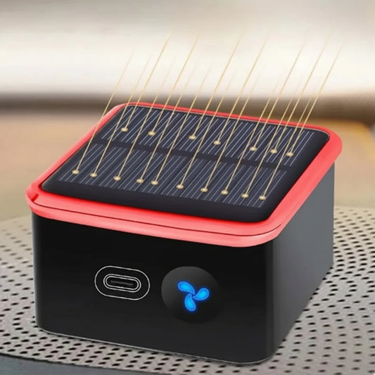 Solar power supply device with solar panel and USB ports on a metallic surface.