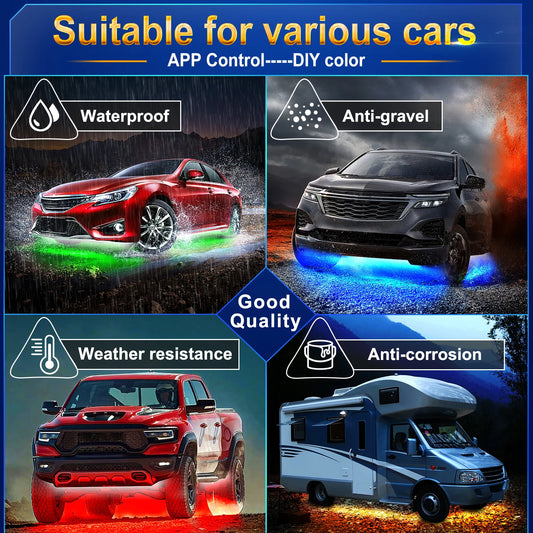 RGB Car Underglow LED Strip Lights Waterproof App Controlled Exterior Lighting Kit DC12V