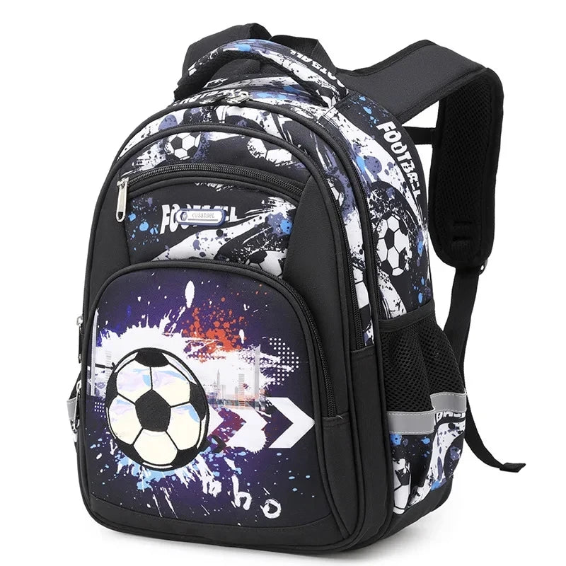 Football Print School Backpack – Nylon Travel & School Bag for Boys, Blue & Black