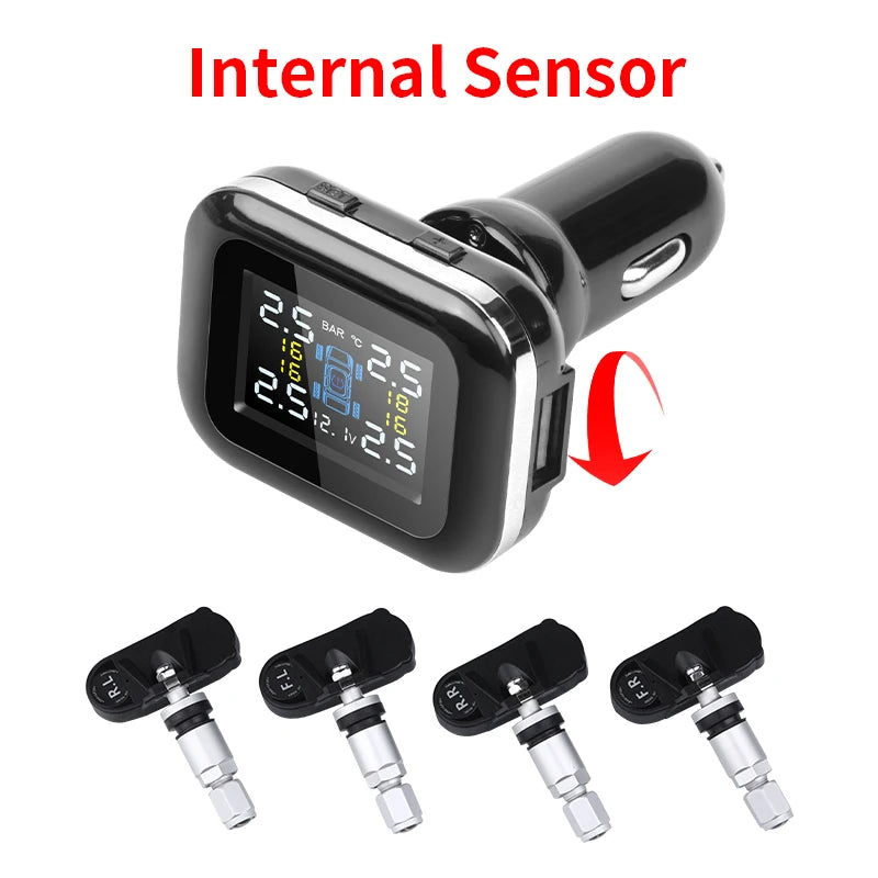 Car TPMS Tire Pressure Monitoring System with 4 Wireless Sensors Color Display and Cigarette Lighter Power
