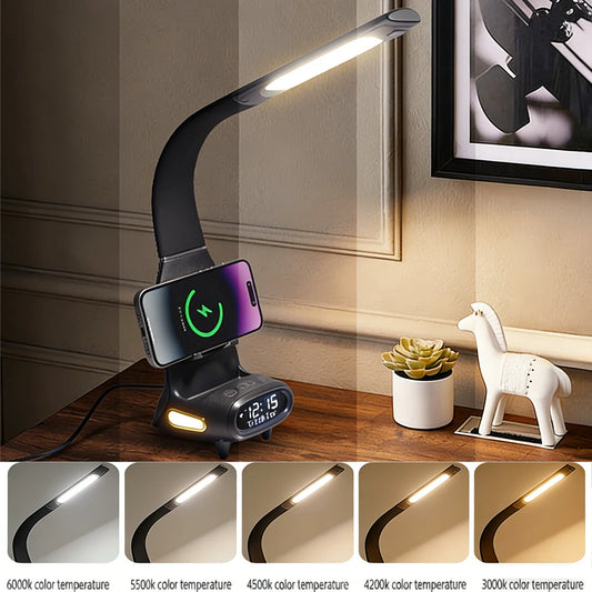 Multifunctional LED Desk Lamp with 15W Wireless Charging Digital Display Dimmable Touch Sensor Reading Light