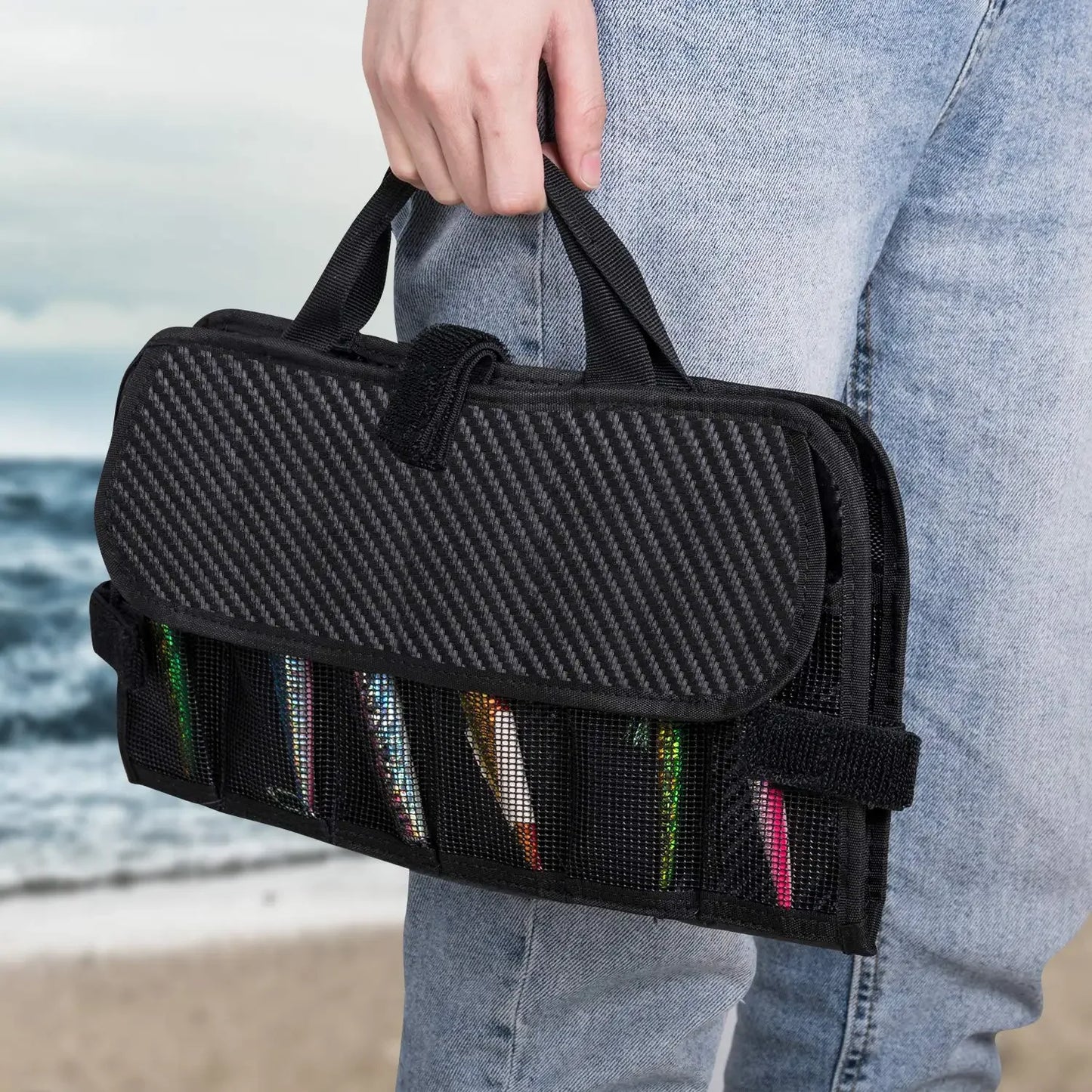 Water-Resistant Fishing Tackle Bag with Carbon Fiber Pattern