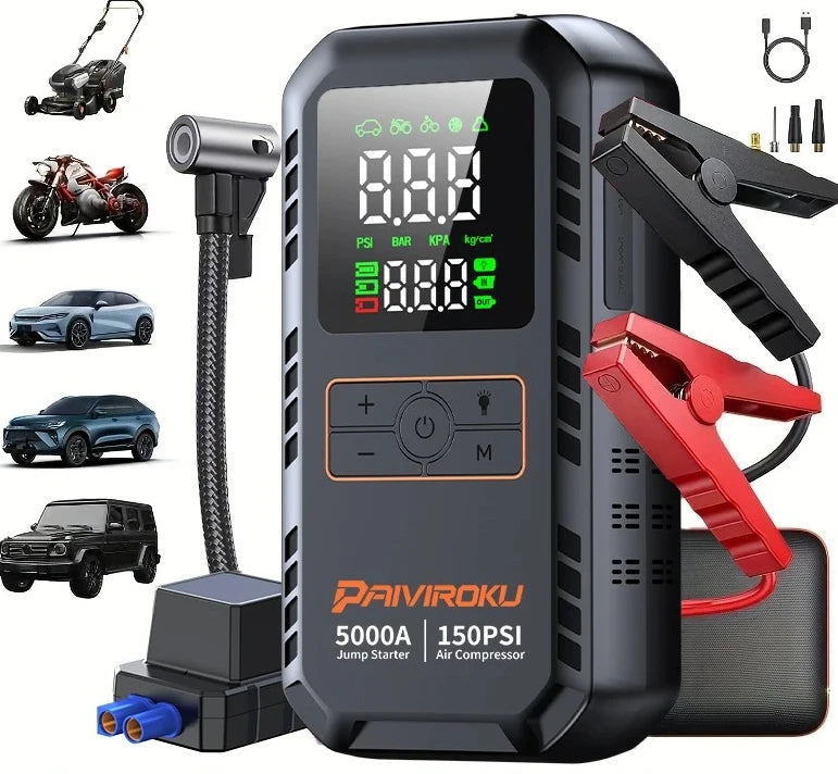 4-in-1 Car Jump Starter with Air Compressor 5000A Peak 150 PSI Portable Battery Booster Power Bank