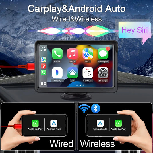 7 Inch Portable Car Touchscreen with Wireless Apple CarPlay Android Auto Bluetooth and FM Transmitter