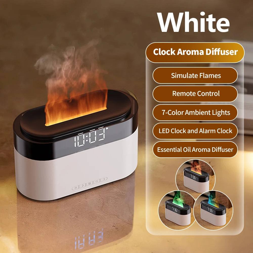 LED Clock Colorful Night Light with Flame Humidifier Ultrasonic Aromatherapy Diffuser with Remote Control