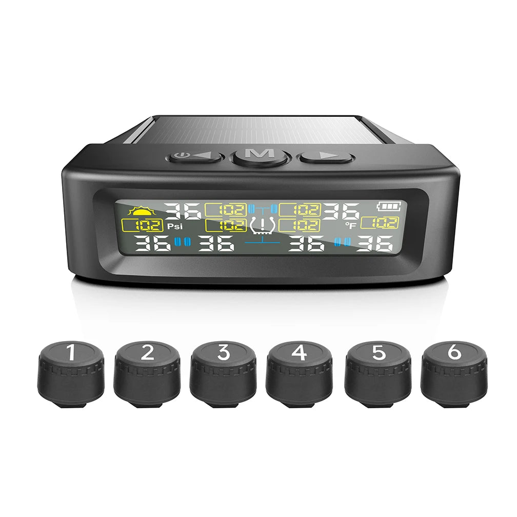 Solar TPMS Tire Pressure Monitoring System with 4 or 6 Waterproof External Sensors and Digital Display