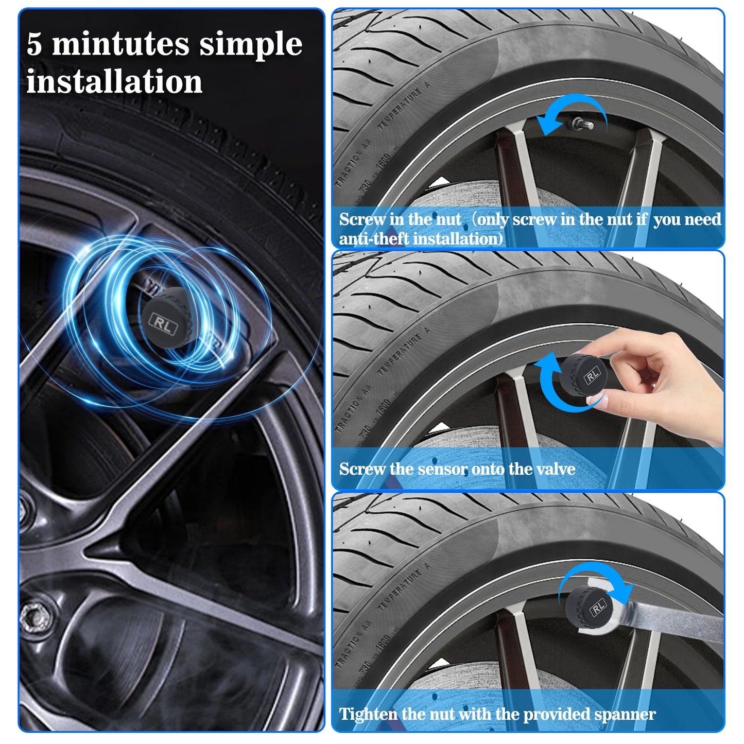 Solar TPMS Tire Pressure Monitoring System with LCD Display and 4 Wireless Internal or External Sensors