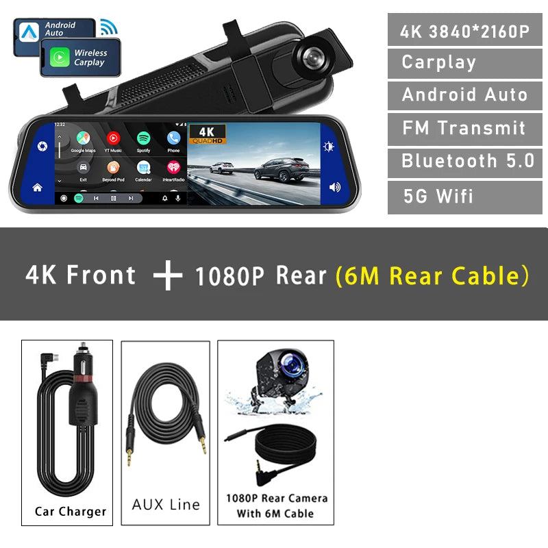 10 Inch 4K Rearview Mirror Dash Cam with Wireless Apple CarPlay Android Auto WiFi and Dual Cameras