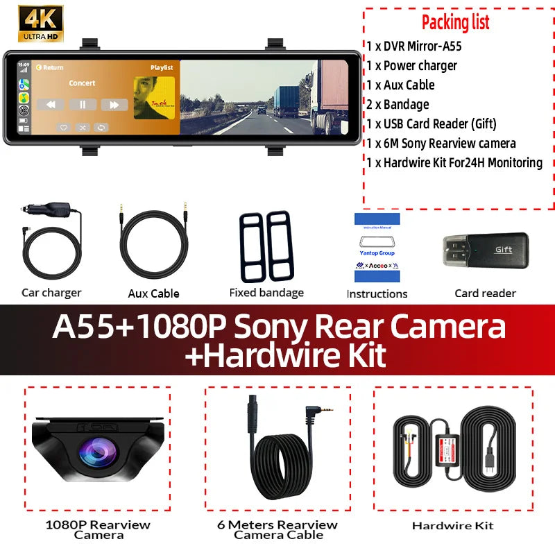4K Rearview Mirror Dash Cam with Wireless CarPlay Android Auto 12 Inch Touch Screen WiFi GPS Support