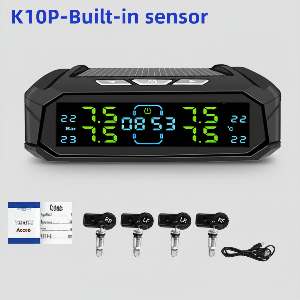 Car tire pressure monitoring system with digital display and sensors on a white background