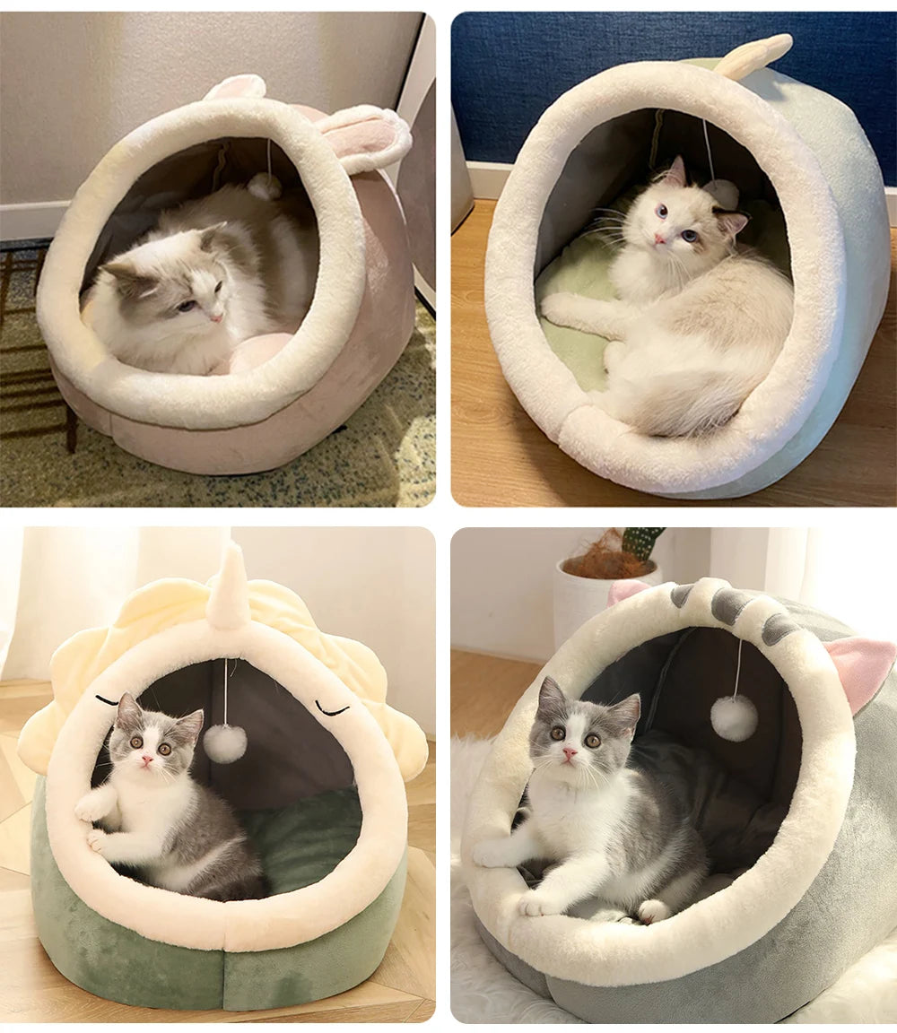 Cartoon Animal Ear Cat Cave Bed – Foldable Semi-Enclosed Pet Bed with Removable Cushion