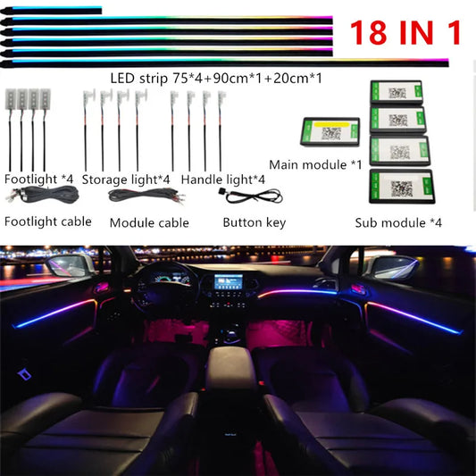 18-in-1 Symphony Car Ambient Light System – 210 Modes, Acrylic Guide, Bluetooth App, 12V, CE