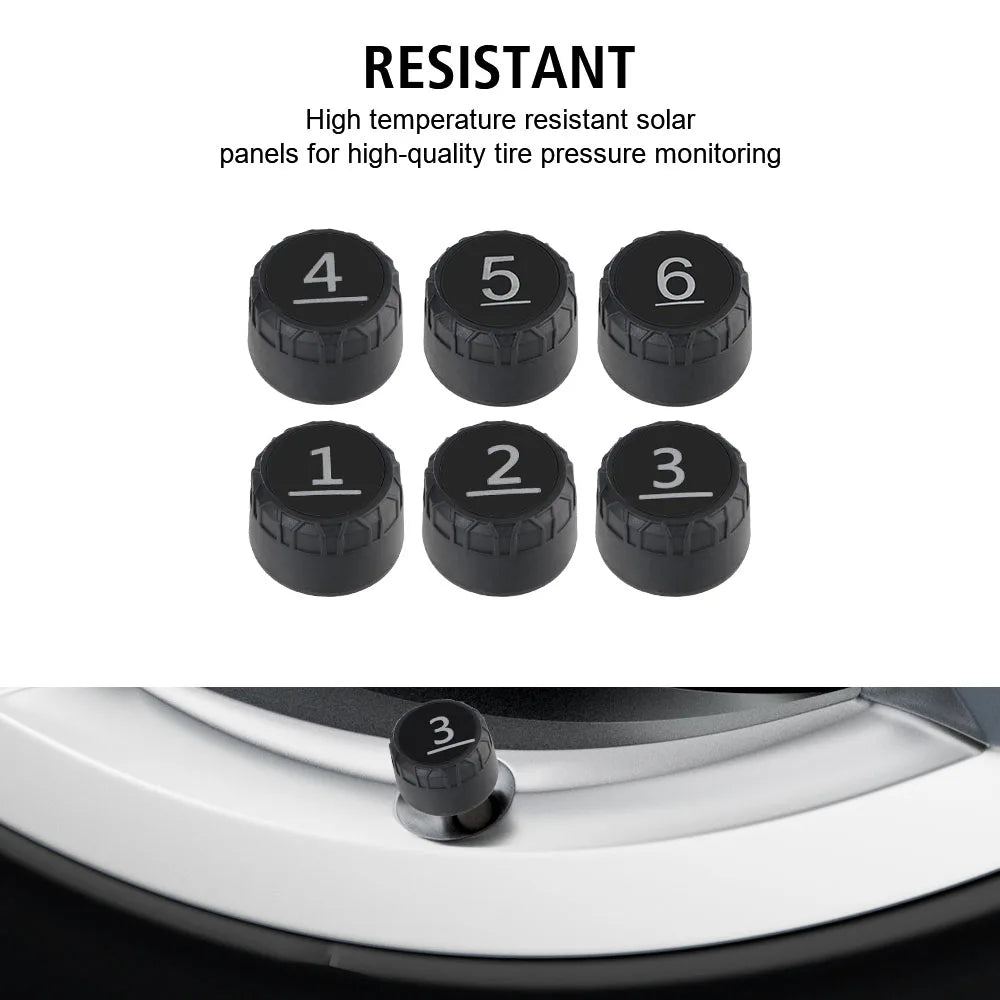 Solar TPMS for Trucks & Cars with 6 Wireless Tire Pressure Sensors and LCD Display
