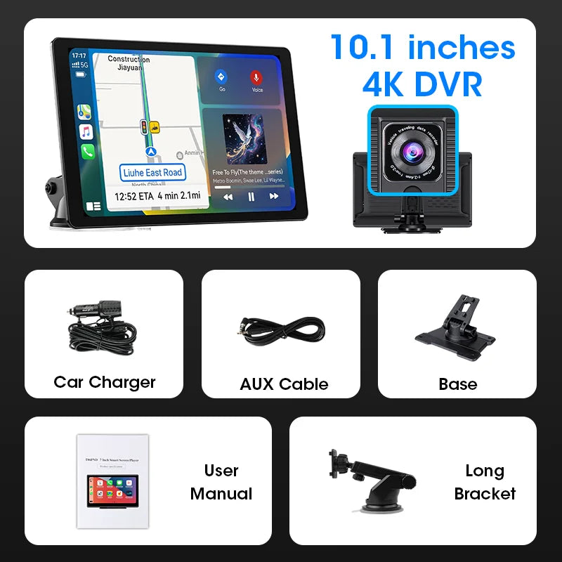 10.1 Inch 4K Car Display with Wireless Apple CarPlay Android Auto Dash Cam and Multimedia System