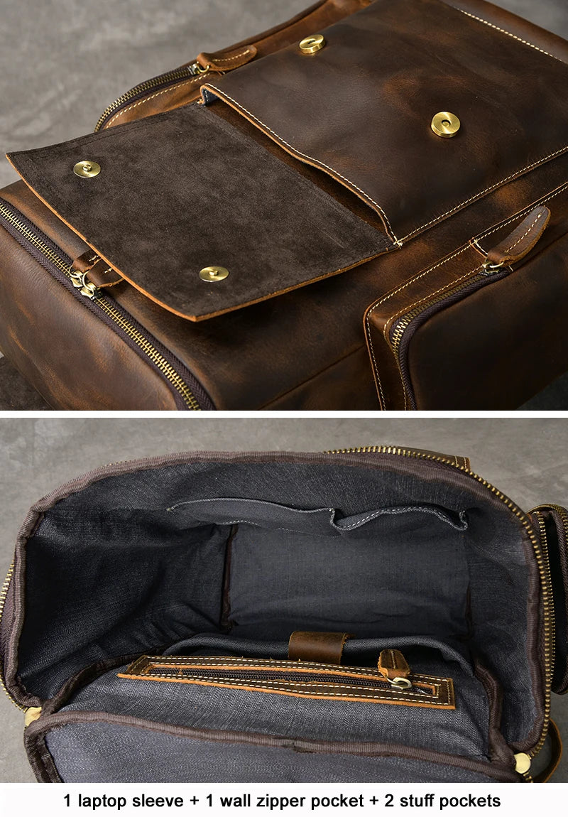 Vintage Crazy Horse Genuine Leather Backpack – Handmade, Fits 17" Laptop