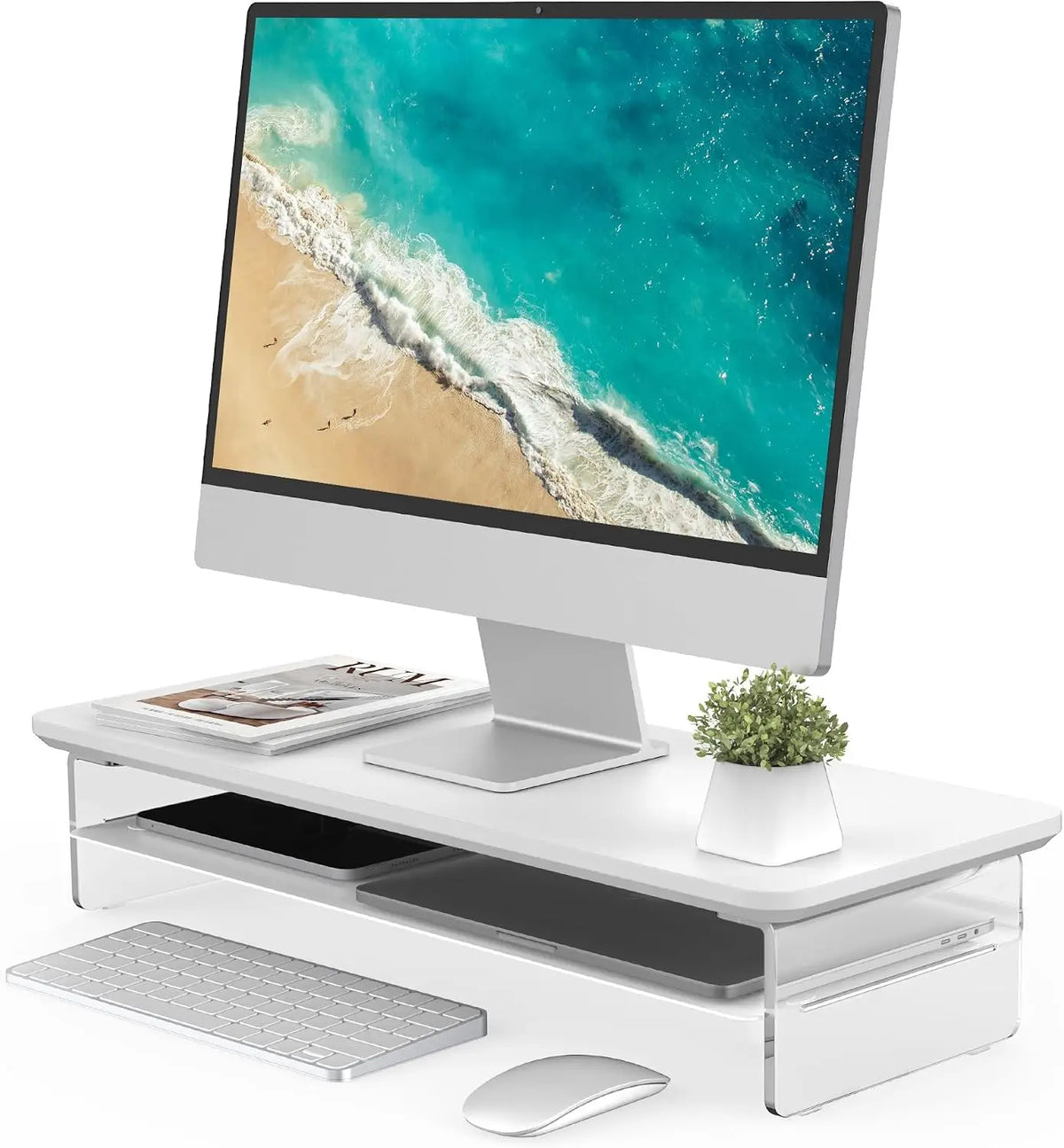 Acrylic Dual Monitor Stand Riser – Two-Tier Desk Organizer with Keyboard Storage Shelf