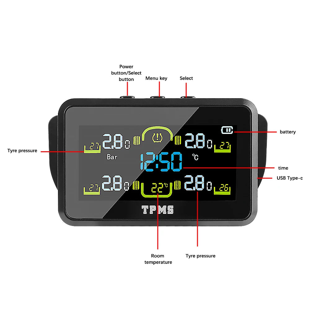 Solar Tire Pressure Monitoring System with 4 External Sensors Digital Display and Temperature Warning