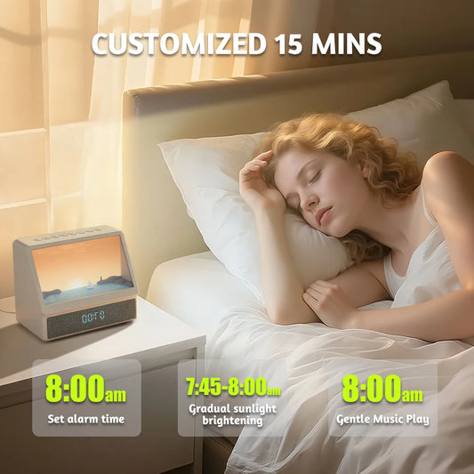 Bluetooth Sunrise Alarm Clock Wake Up Light with White Noise 12 Sounds Dimmable Table Lamp