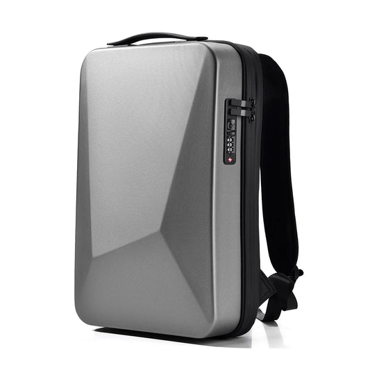 Silver backpack with a digital display on a white background