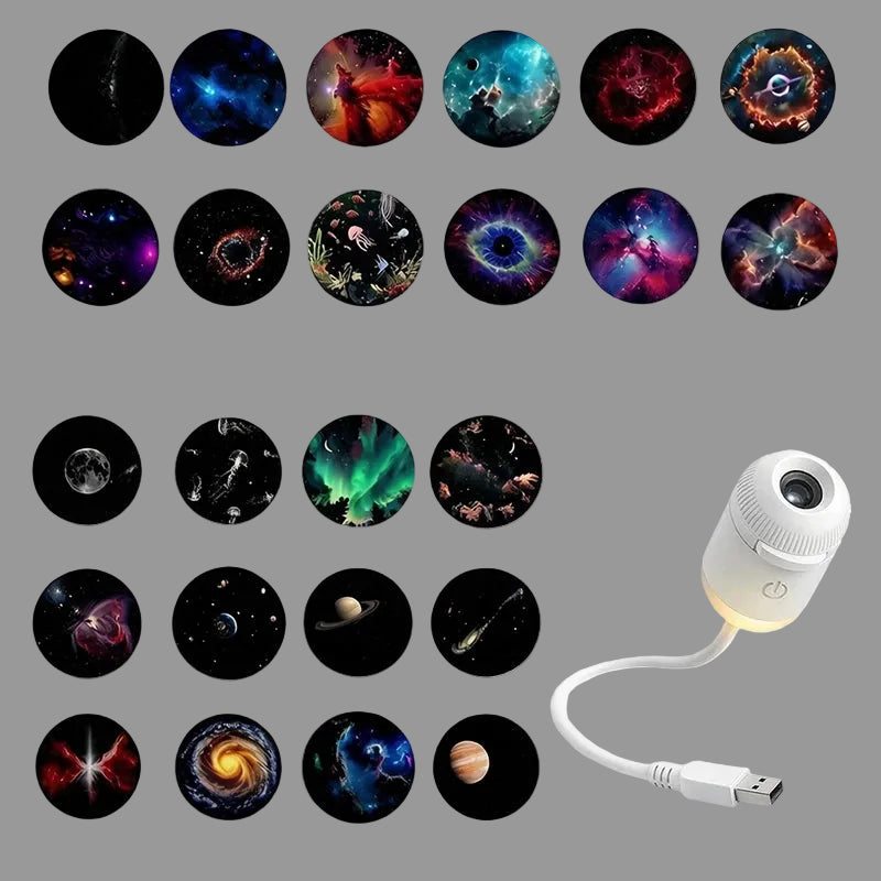 Star projector with USB cable and various galaxy designs on a white background