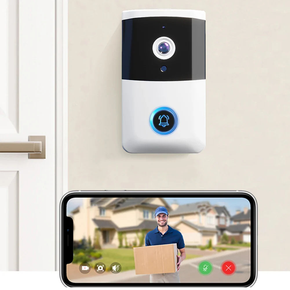Wireless video doorbell camera installed beside a residential front door