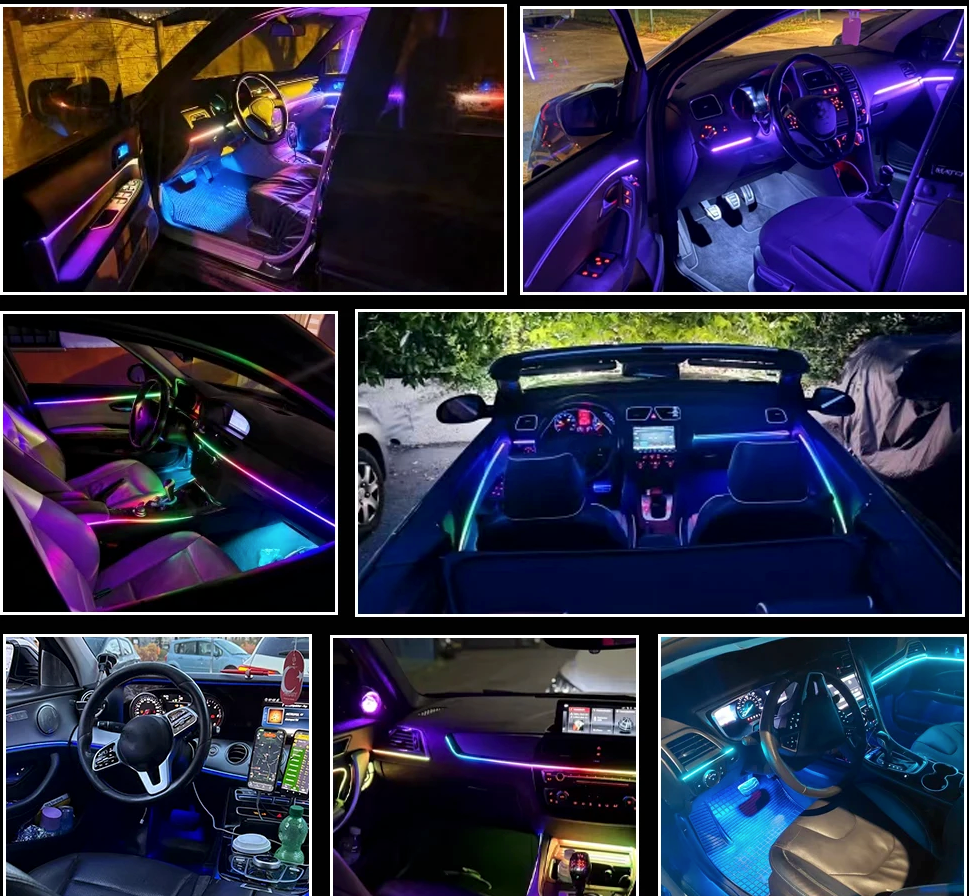Modern car interior featuring customizable LED ambient lighting along the dashboard, doors, and cabin.
