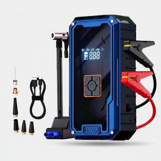 3000A car jumper with 99800mAh capacity, featuring a digital display and various connectors on a white background.