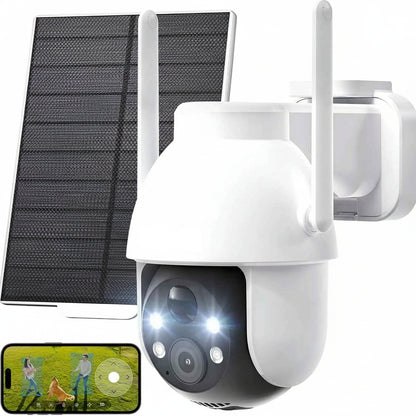 Outdoor wireless surveillance camera mounted on a wall for exterior home monitoring