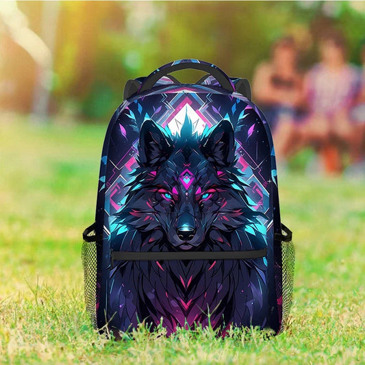 A backpack featuring a detailed graphic of a wolf with glowing neon eyes, set against a blurred outdoor background of green grass and people sitting in the distance.