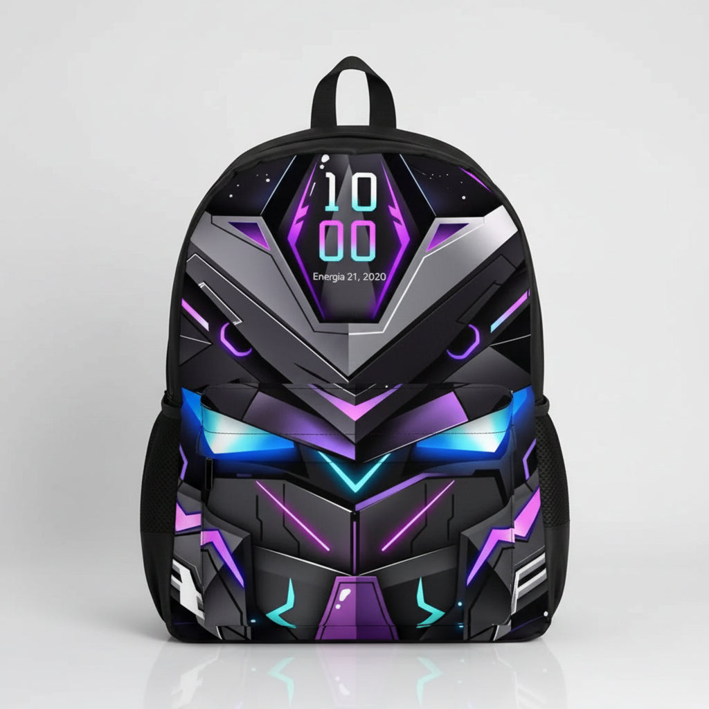 A black backpack featuring a futuristic, neon-lit sci-fi face graphic in purple, blue, and gray, shown against a plain white background.
