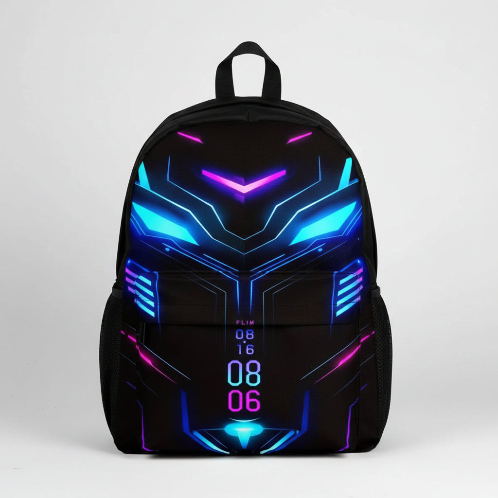 A black backpack featuring a glowing neon cyberpunk design with bright blue and purple lights, shown against a plain white background.