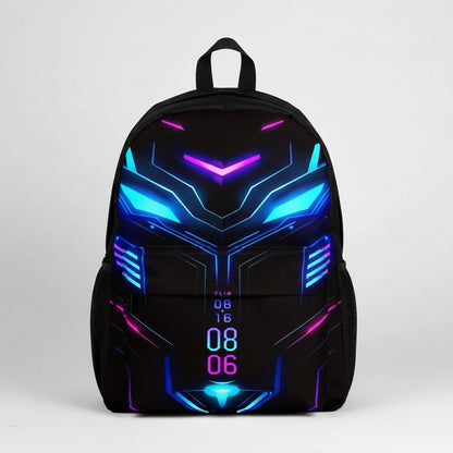 A black backpack featuring a glowing neon cyberpunk design with bright blue and purple lights, shown against a plain white background.