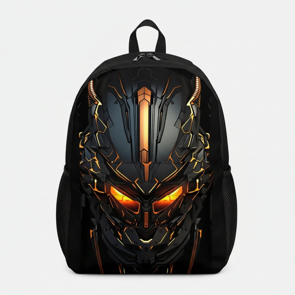 A black backpack featuring a large, detailed graphic print of a futuristic black and orange armored helmet on the front pocket, shown against a plain white background.
