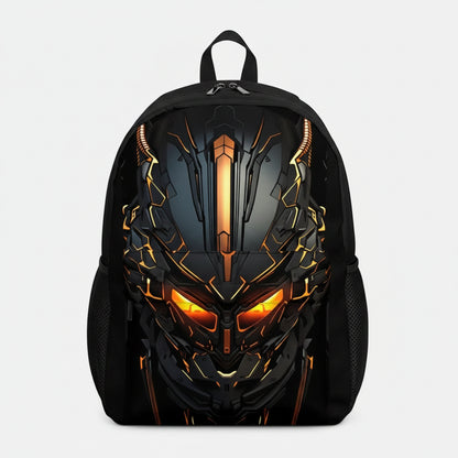 A black backpack featuring a large, detailed graphic print of a futuristic black and orange armored helmet on the front pocket, shown against a plain white background.