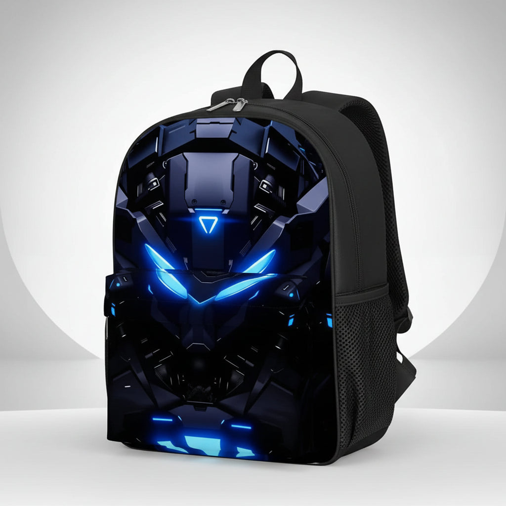 A black backpack featuring a large, detailed graphic print of a futuristic helmet with glowing blue LED accents on the front pocket and upper section.