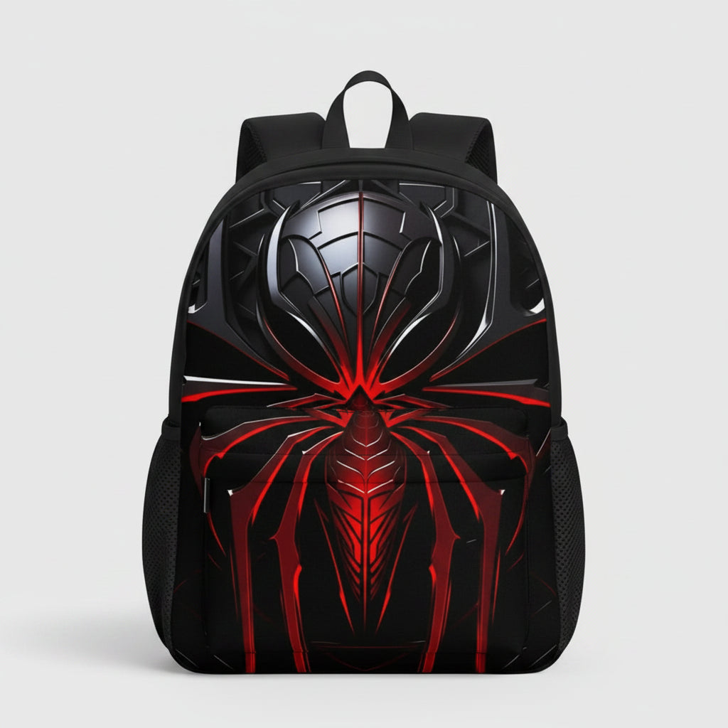 A black backpack featuring a large, glossy 3D-effect print of a spider character in red and black on the front pocket, shown against a plain white background.