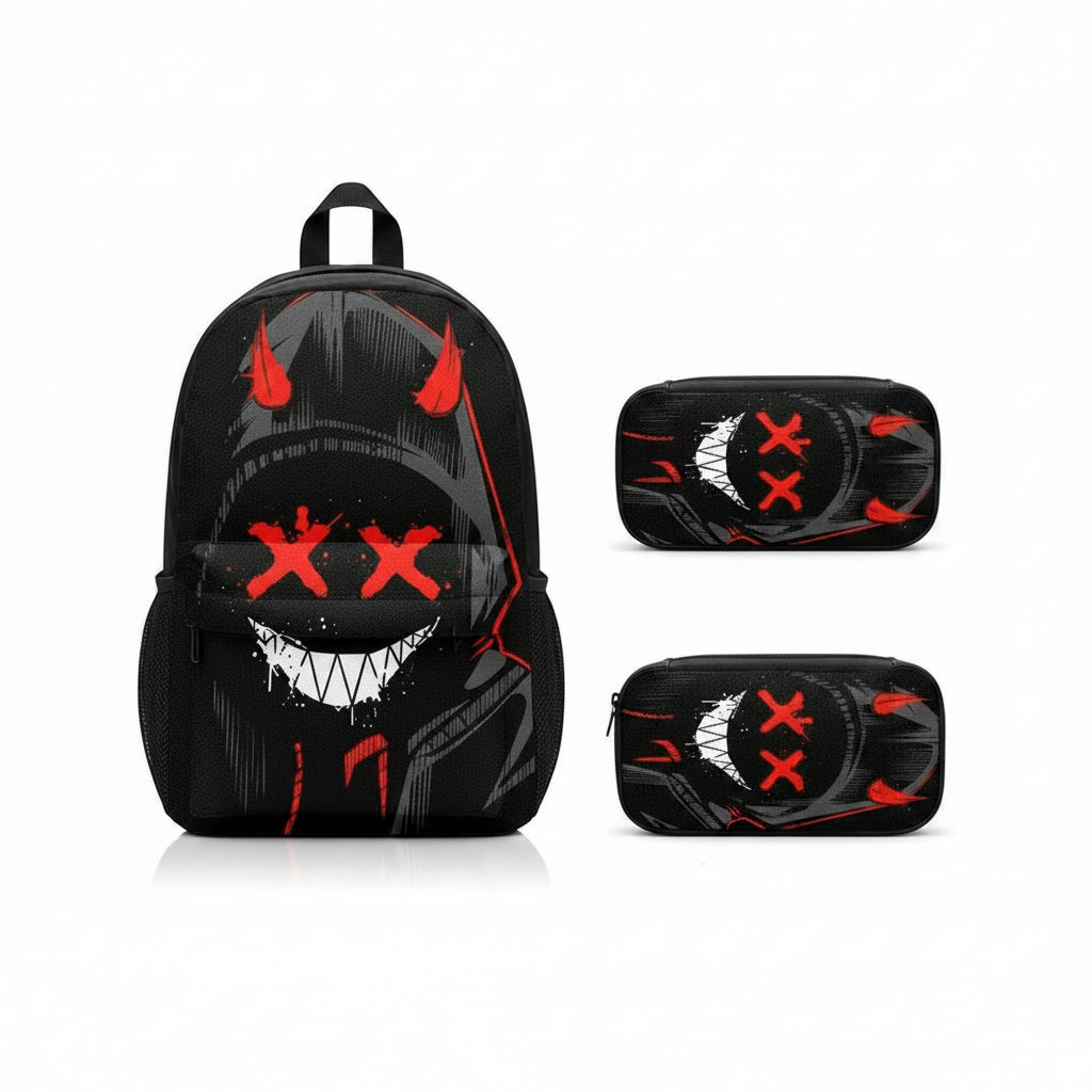 A black backpack, matching pencil case, and small crossbody bag set, all printed with a horror-style face design featuring red horns, red X eyes, and a white grin. The items are displayed on wooden shelves against a light wall.